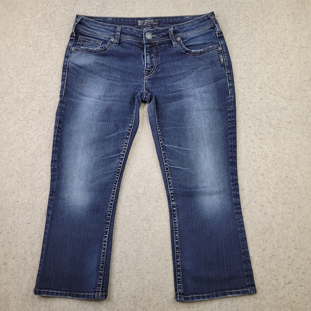 Silver‎ Aiko Kick Flare Short Jeans Womens 32x22 Thick Stitch Dark Wash Blue